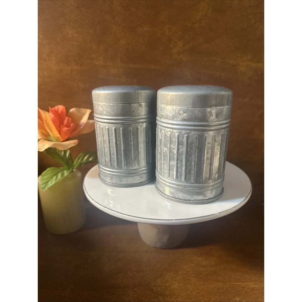 Vintage 1950s? Aluminum Salt and Pepper Shakers Brushed Metal Farmhouse Retro